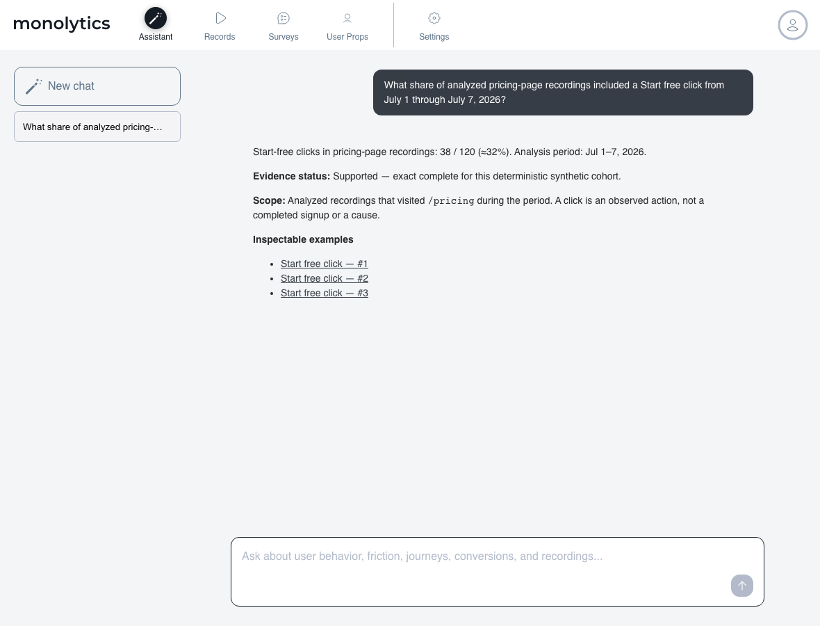 Monolytics Assistant answer stating 38 of 120 analyzed pricing-page recordings, the analysis period, the evidence status, the scope, and three inspectable examples
